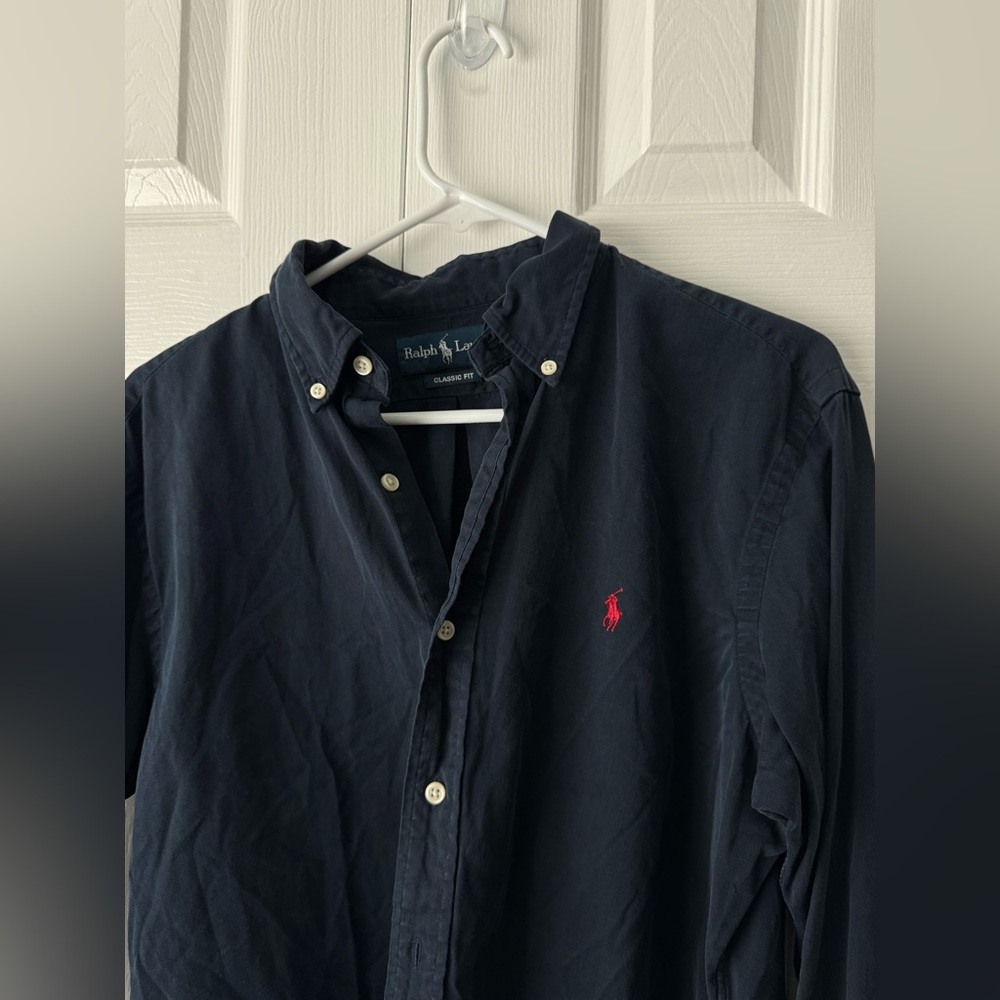 Polo Ralph Lauren Navy Blue Corduroy Shirt Medium Cotton Silk Blend red pony